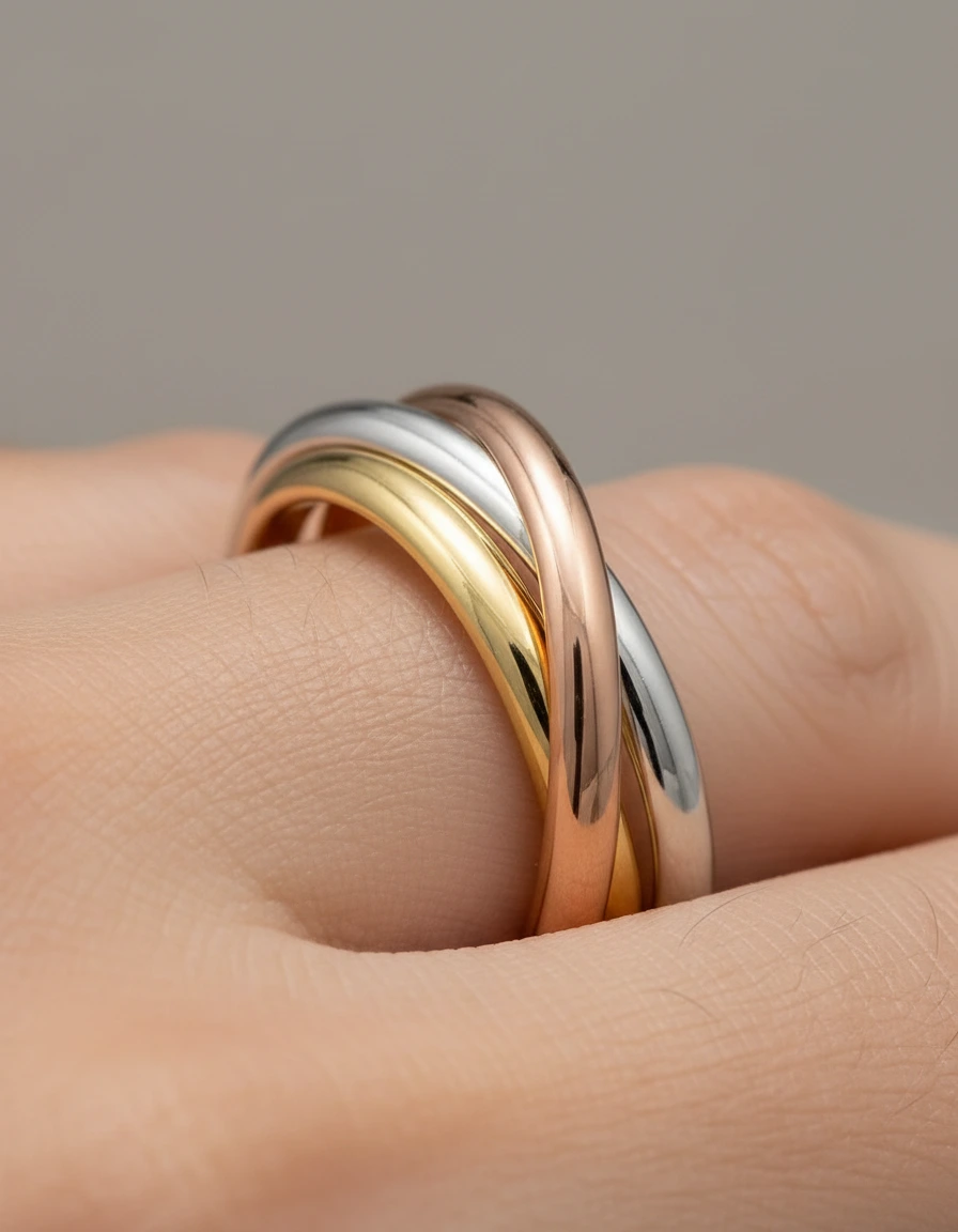 tres anillos entrelazados oro tricolor puestos elegantemente en la mano